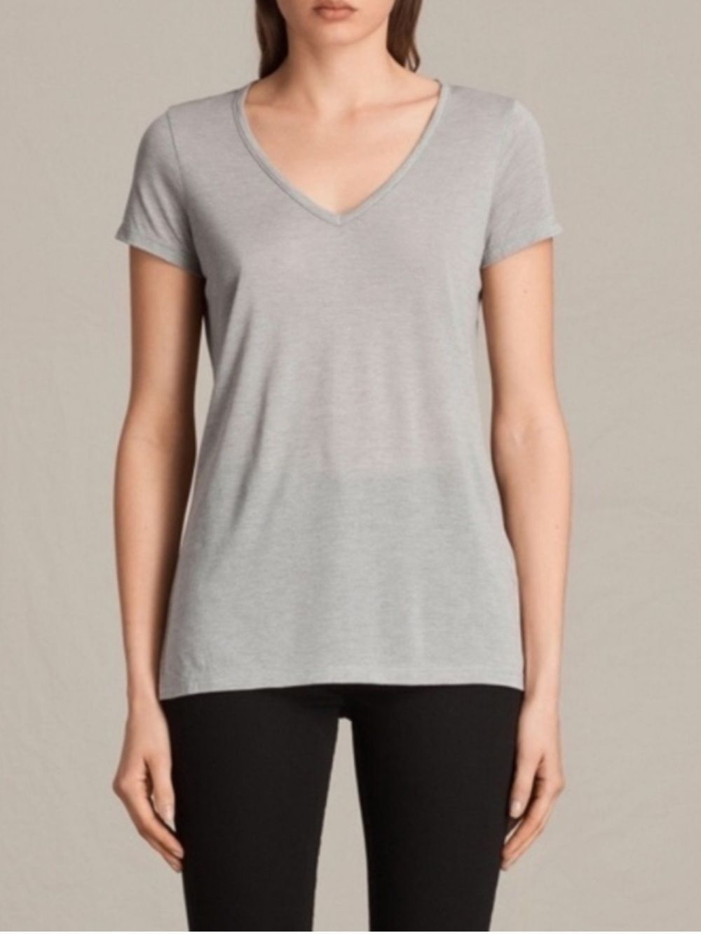 All Saints Malin V-Neck Silk Tee Gray Womens Small